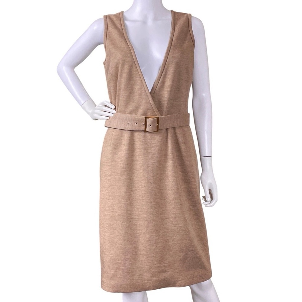 St John Couture 100% Wool Knit Belted Deep V-Neck Career Dress Tan Beige Size 6